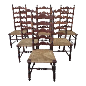 Late 19th Century Antique English Five Slat High Ladder Back Rush Seat Chairs, Set of 6