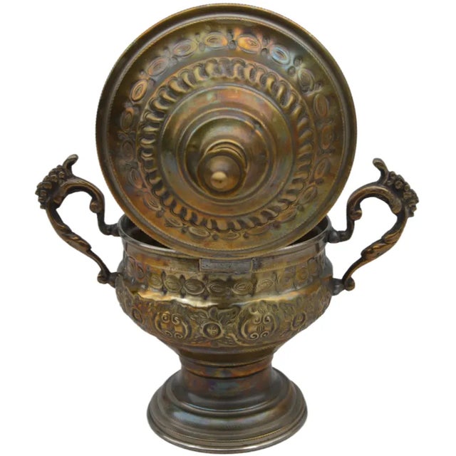 Early 20th Century Moroccan Hand-Engraved Brass Urn With Handles For Sale - Image 4 of 7