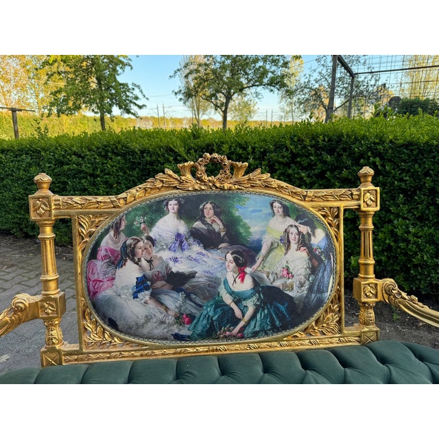 A beautiful 1970 French Louis XVI-style settee, richly decorated with a handmade beechwood frame, recently refinished in...