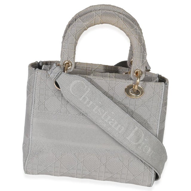 Christian Dior Gray Canvas Cannage Embroidered Medium Lady D-Lite Bag For Sale - Image 4 of 9