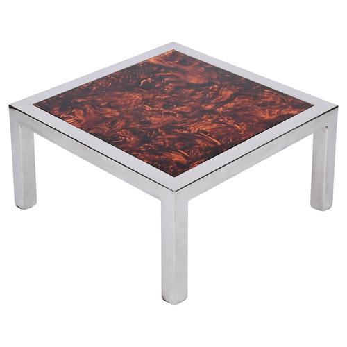 Chromed Steel and Tortoiseshell Effect Acrylic Square Coffee Table, Italy, 1970s For Sale - Image 15 of 15