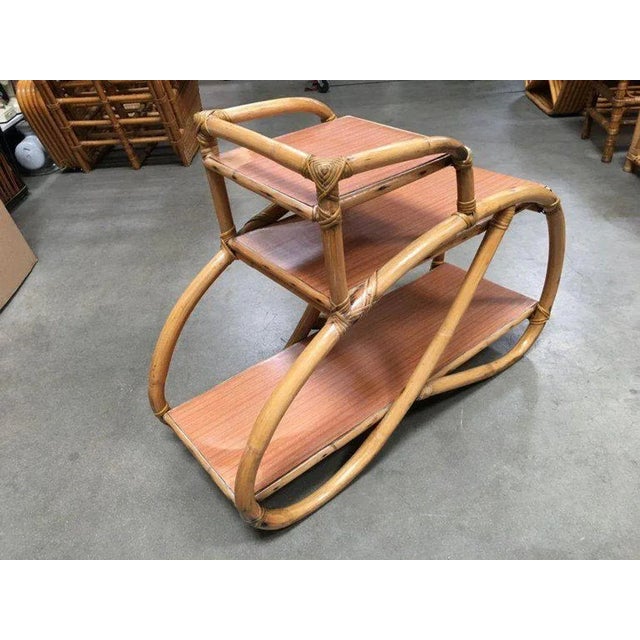 Wood 1950s Restored 3/4 Pretzel Rattan Three-Tier Side Table, Pair For Sale - Image 7 of 13