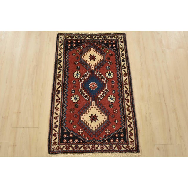 Cabin Yalameh Rug 1’10” X 2’11” Red Wool Vintage Tribal Hand-Knotted Carpet For Sale - Image 3 of 8