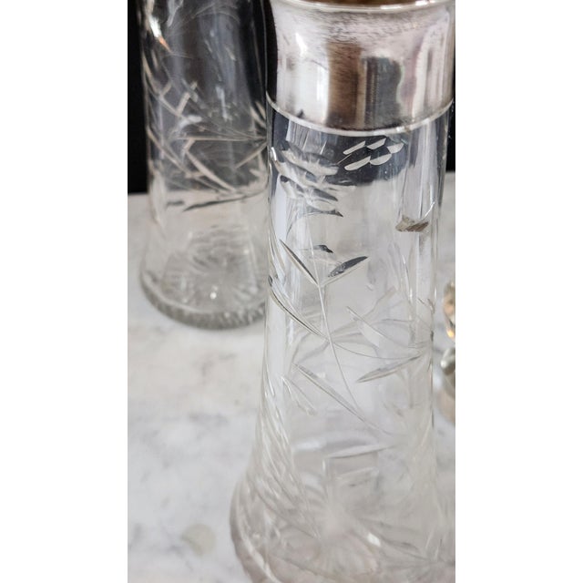 Silver Antique English Sterling Silver & Cut Crystal Decanter Pair — 1899 Birmingham j.g & S Hallmarked, Etched Floral Pattern, Edwardian Bar Cart Accents For Sale - Image 8 of 16