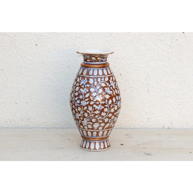 Ceramic Elegant Rust & Blue Floral Vase For Sale - Image 7 of 9