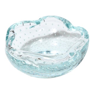 Mid-Century Pale Blue Hand-Blown Glass Dish W/ Bullicante Detailing Signed Daum For Sale