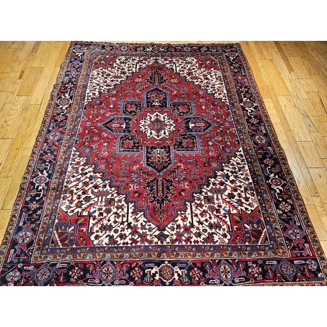 Vintage Heriz Rug, Hand-Knotted Wool, Geometric Medallion Pattern, Red & Navy, 8x11 For Sale - Image 10 of 10