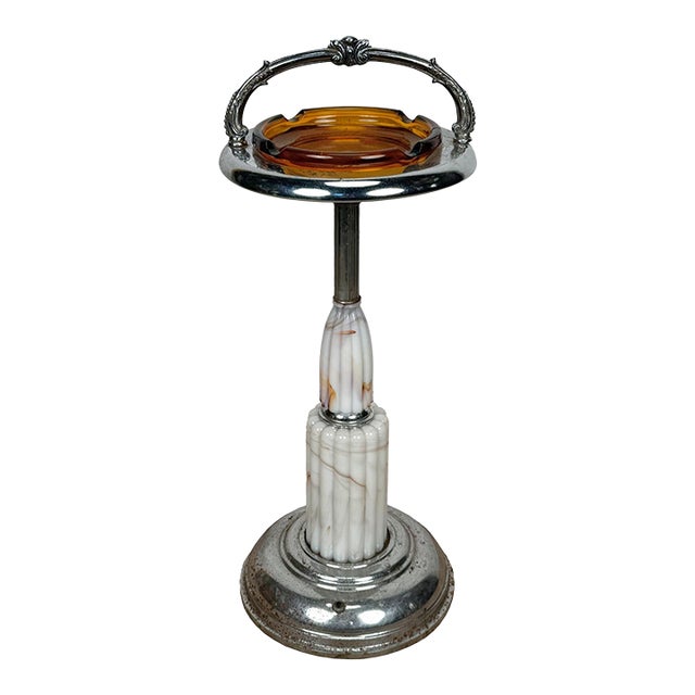 Vintage Art Deco Slag Glass & Chrome Illuminated Cigar Ashtray Stand For Sale