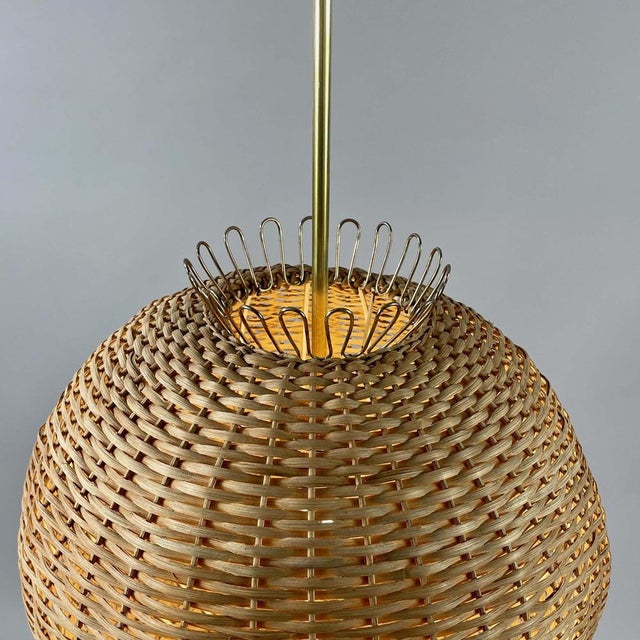 Wood Mid-Century Modern Swedish Ball Rattan and Brass Pendant Light, 1950s For Sale - Image 7 of 16