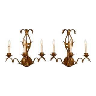 Pair of Vintage Hollywood Regency Gilt Metal 3-Light Sconces For Sale