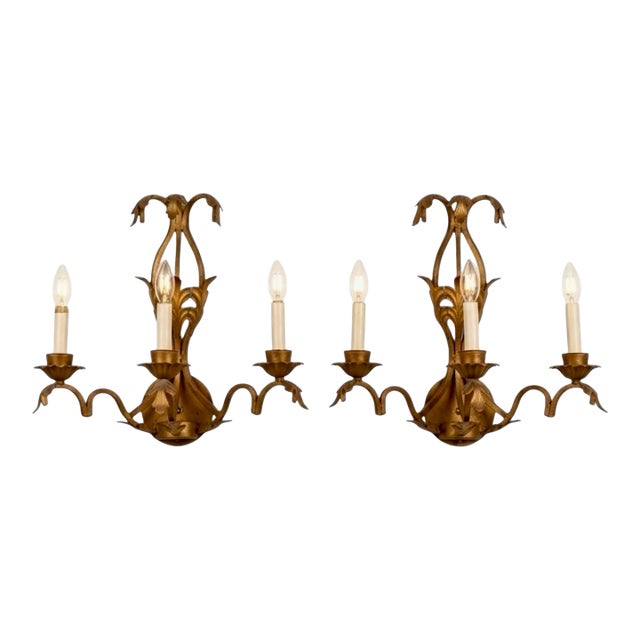Pair of Vintage Hollywood Regency Gilt Metal 3-Light Sconces For Sale