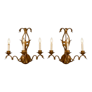 Pair of Vintage Hollywood Regency Gilt Metal 3-Light Sconces