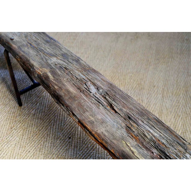 Wood Folk Art Bench • Rustic Wood and Iron For Sale - Image 7 of 12