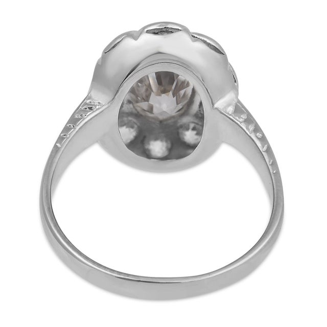 1930s Art Deco Gia 1.02 Carat Oval Cut Diamond Cluster Platinum Engagement Ring, Size 4 For Sale In Los Angeles - Image 6 of 8