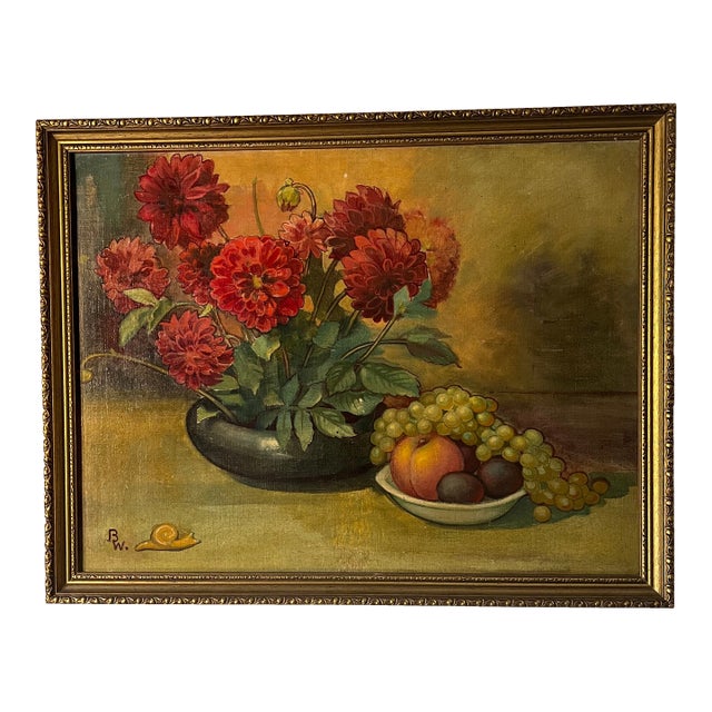 Bright Cheerful Vintage Oil Painting Floral Zinnia's and Fruit With Snail Signed For Sale