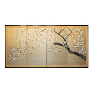 1950-1960s Shōwa Era Japanese Painted Silk Byobu Screen "Blossoming Sakura" For Sale