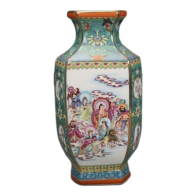 Mid 20th Century Famille Rose Hexagonal Porcelain Vase, Chinese Enameled Figural Scene Vase For Sale