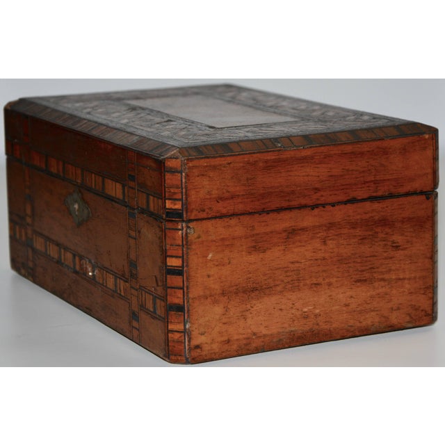 Traditional Early 20th Century Walnut and Cedar Wooden Inlay Box With Leather Hinges For Sale - Image 3 of 10