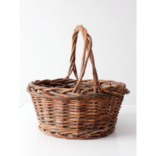 Wood Vintage Rustic Woven Willow Basket With Handle For Sale - Image 7 of 13
