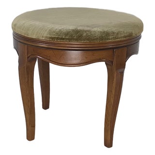 Vintage French Provincial Swivel Stool in Cherry With Sage Velvet, Cabriole Legs, 1950s–1970s For Sale