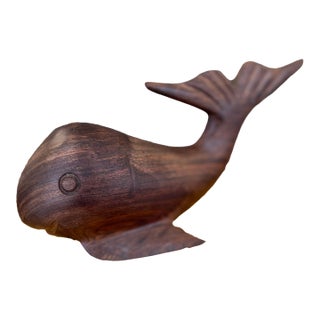 1960s Style Hand Carved Solid Walnut Whale Sculpture - Mid-Century Modern Nautical Decor. For Sale