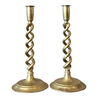 Vintage Regency Twisted Brass Candlesticks - A Pair For Sale