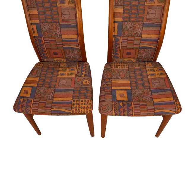 Pair Vintage Danish Teak Side Accent Chairs – Schou Andersen Denmark – Funky 80s Upholstery For Sale - Image 9 of 12