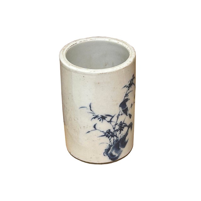 Blue Chinese Distressed White Porcelain Blue Flower Bird Graphic Holder Vase For Sale - Image 8 of 9