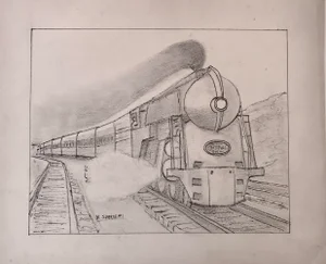 Vintage Art Deco Steam Locomotive NY Drawing