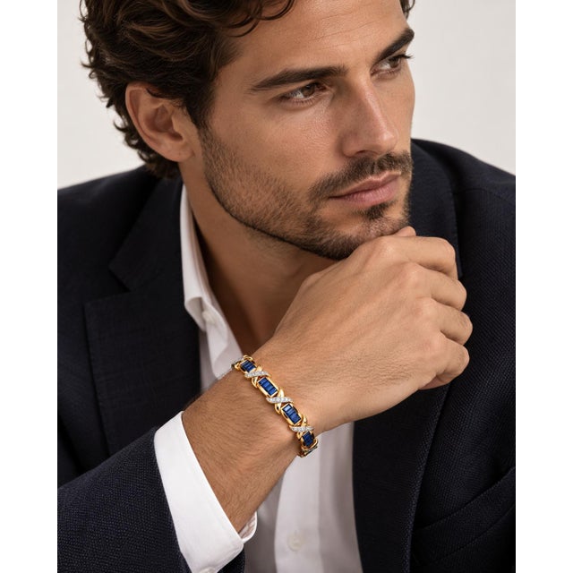 Mid 20th Century Mid 20th Century 14k Yellow Gold Blue Sapphire & Diamond X-Link Tennis Bracelet For Sale - Image 5 of 6
