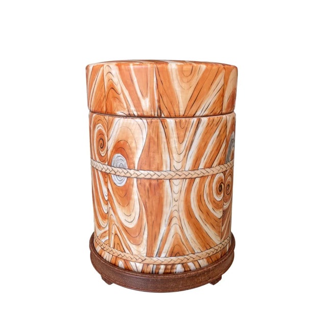 Chinese Mid 20th Century Chinese Ceramic Faux Bois Canister / Covered Jar on Wood Stand For Sale - Image 3 of 12