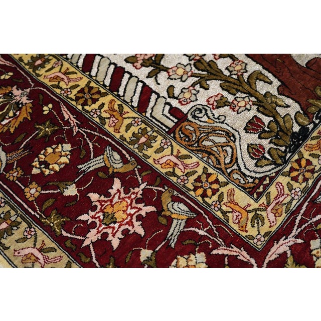 1960s Extremely Fine Turkish Silk Hereke With the Field Woven With Silver Metal Treads Rug 3'3'' X 4'6'' For Sale - Image 4 of 11
