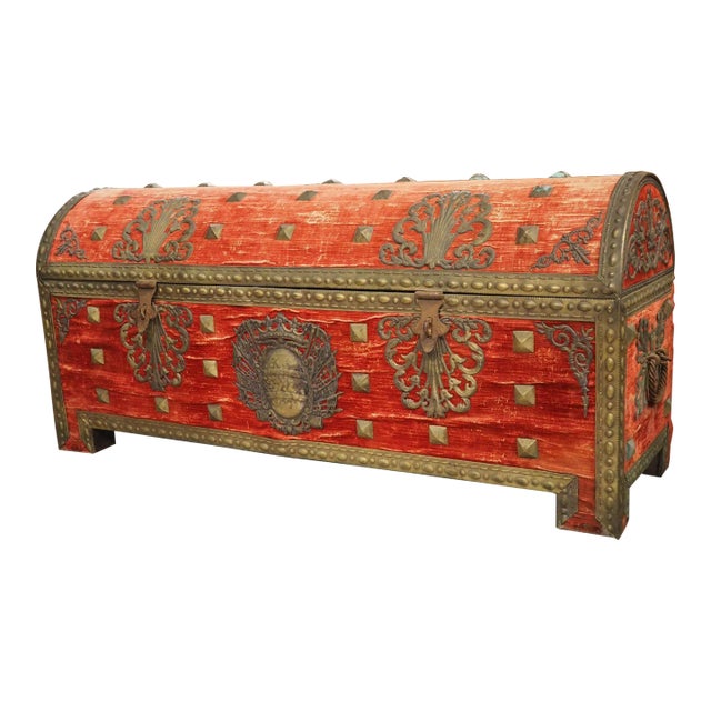 18th Century Domed Venetian Chest With Crimson Velvet and Wrought Iron Hardware For Sale
