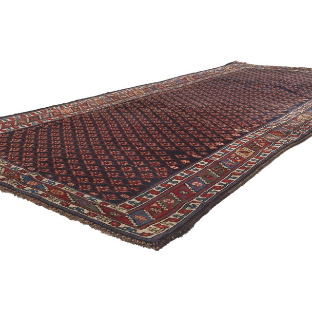 73305 Antique Caucasian Lori Kurdish Rug, 04'08 X 10'05. Earth-tone elegance meets masculine appeal in this antique...