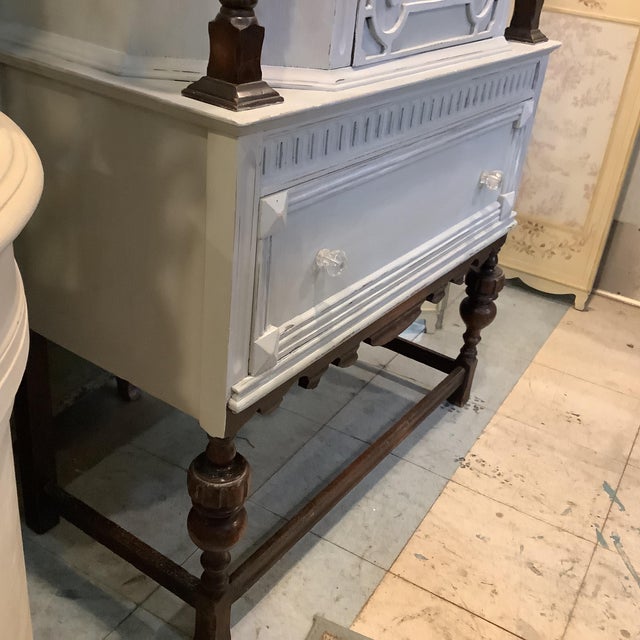 Vintage China Cabinet Painted Gray W Natural Dark Wood Carvings Interior Storage Scandinavian Design For Sale - Image 9 of 12