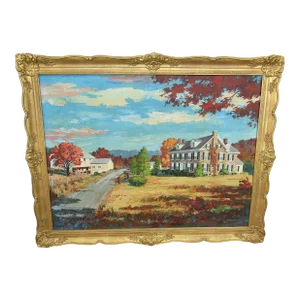 Vintage 1972 Signed Ed Schwarz Oil Painting on Canvas - Serene Countryside Estate With Ornate Gold Frame