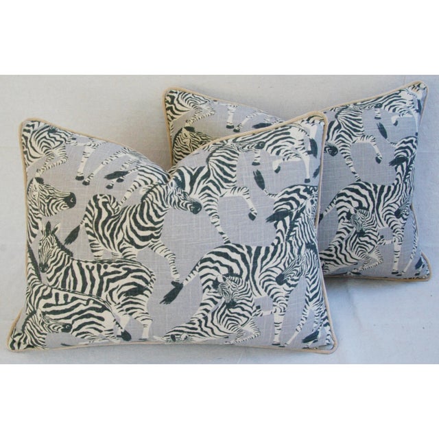 Pair of large custom-made pillows in a vintage unused printed 100% linen fabric depicting a wonderful safari zebra motif....