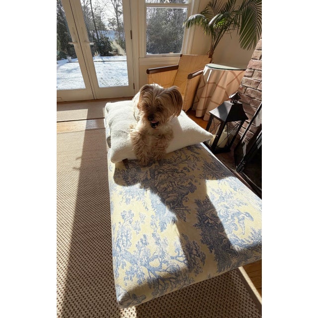 A Pair of Painted Campaign Style X-Base Ottomans Footstools in Butter Yellow and Blue Toile For Sale - Image 4 of 17