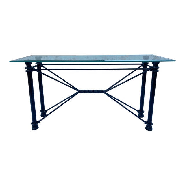 Mid-Century Modern Rectangular Wrought Iron & Glass Console Sofa Table For Sale