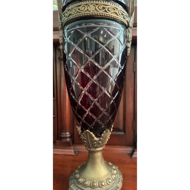 Tall Statement Antique Ruby Cut to Clear Crystal Lidded Urn With Second Empire Style Bronze Mounts For Sale - Image 11 of 18