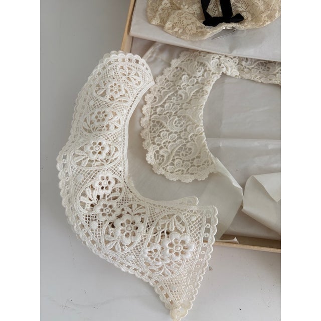 Traditional Vintage Handmade Brugge Belgian Lace Collar Collection With Lace Cravat in Original Neiman Marcus Box – Set of 5 For Sale - Image 3 of 17