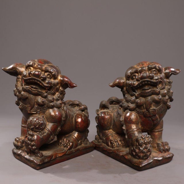 Bronze Pair of Vintage Chinese Bronze Foo Dogs - Mud-Gold & Cinnabar Guardian Lions For Sale - Image 8 of 9