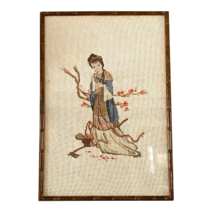 Vintage Japanese Geisha Cherry Blossom Needlepoint, Bamboo Frame