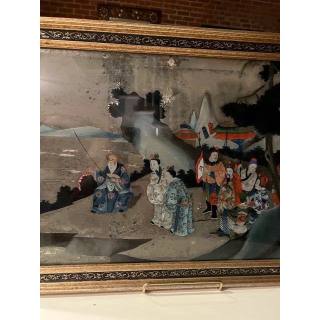Glass 18th Century Chinese Reverse Figurative Landscape Panting on Glass, Framed For Sale - Image 7 of 11