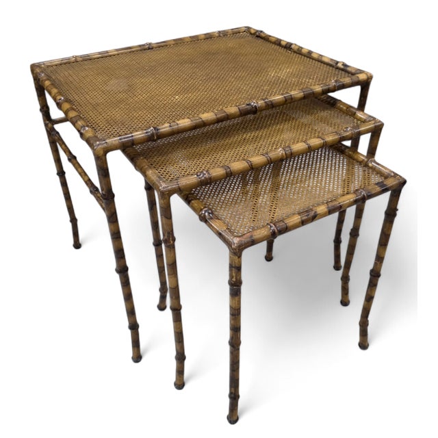 Metal Vintage Hollywood Regency Faux Tortoiseshell, Faux Bamboo & Faux Cane Metal Nesting Tables – Set of 3 For Sale - Image 7 of 8
