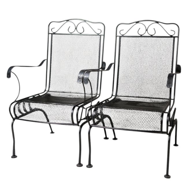 Mid-Century Modern Vintage 1990s Hi-Back Black Cast Iron Mesh Coil Sprung Rocking Arm Chairs - Set of 6 For Sale - Image 3 of 9