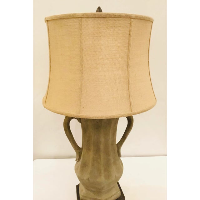 Organic Modern Currey & Co. Gray Terracotta Alcovy Table Lamp, linen fabric shade, dark gray base, showroom floor sample