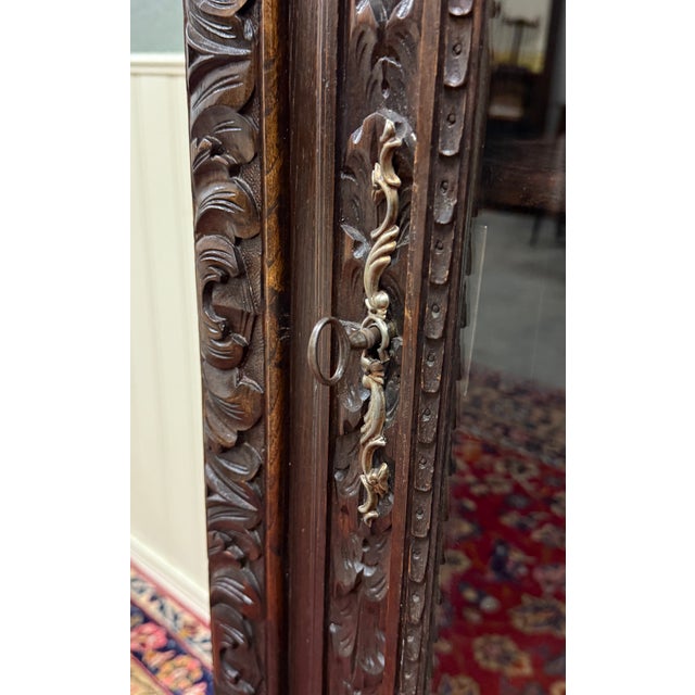 Antique French Breton Bookcase Armoire Linen Cab Wavy Glass Carved Chestnut 19th For Sale - Image 12 of 18