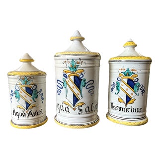 1960s Set of 3 Italian Majolica Apothecary Jars – Aqua Anisi, Rosmarinus & Aqua Salvia For Sale