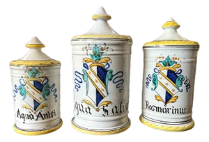 1960s Set of 3 Italian Majolica Apothecary Jars – Aqua Anisi, Rosmarinus & Aqua Salvia